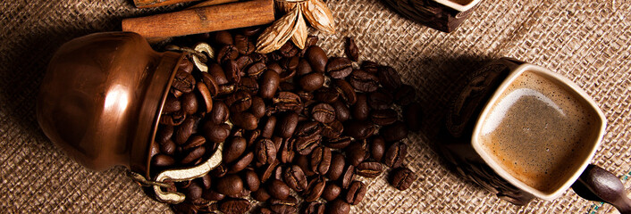 Coffee banner for web site with cup and coffee beans