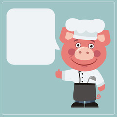 Chef pig with speech bubble in cartoon style. Smiling pig the chef says and shows like.