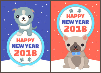 Happy New Year 2018 Dogs Set Vector Illustration