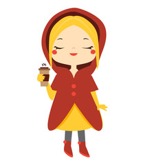 Cute girl holding hot coffee cup. Kids winter outdoor activity. Vector illustration