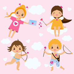 Cute Cupids in kawaii style. Love angels with arrows, archery and hearts. St Valentine's day theme