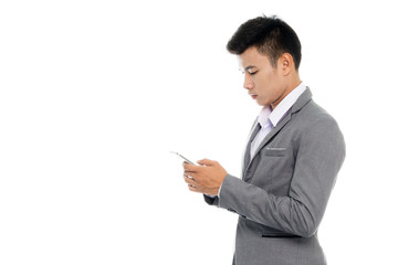 Portrait of a business man with smart phone. Isolated on white background