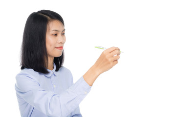 Portrait of a beautiful asian business woman writing with pen. Isolated on white background