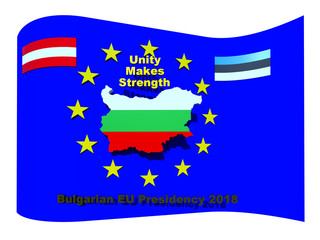 Unity makes strength 3D illustration Bulgarian EU council presidency 2018 motto sign isolated on white. EU flag, Bulgarian flag on borders map, Austrian flag, Estonian flag. Collection.