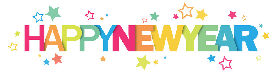 HAPPY NEW YEAR  Typography Banner with Colorful Stars © Web Buttons Inc