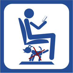Public transport funny not allowed sign 3D illustration front view. Passenger sitting, playng wit a smartphone and his dog misbehaving under the seat. Collection.