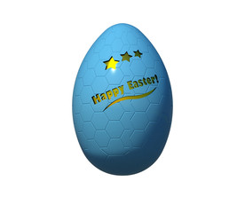 Blue textured seasonal Easter egg 3D illustration isolated on white. Gold carved stars and 3d text. Collection.
