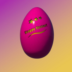 Dark pink textured Easter egg carved with gold stars and 3d text 3D illustration on colorful gradient background. Collection.