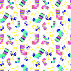 Beautiful Seamless Christmas Pattern. Hand Drawn Watercolor Illustration. Background for your design of Greeting Card, Invitations, Poster. Wonderful Print for Wrapping Paper, Fabric, Tiles, Wallpaper