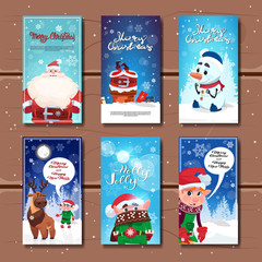 New Year And Christmas Cards Collection Decorated With Winter Holidays Traditional Characters Flat Vector Illustration