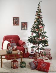 Christmas room white and red together Christmas tree with gifts and white background interior design frame on the wall