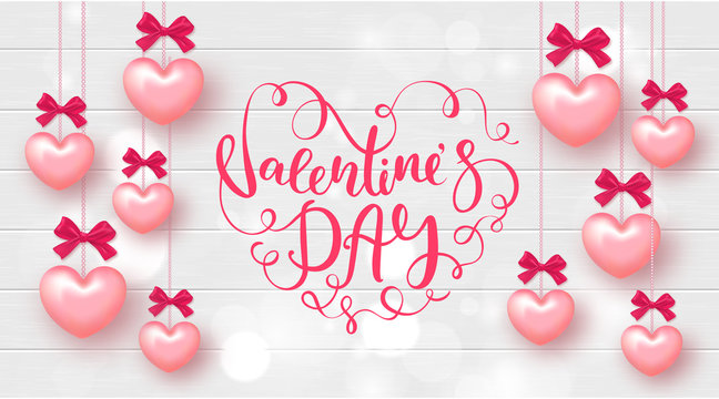 Festive Card for Happy Valentine's Day. Background with Realistic Hearts and beautiful Lettering on Wooden Texture. Vector Illustration.
