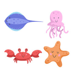 Set of tropical sea and ocean animals. Stingray, jellyfish, crab, starfish. Wildlife vector illustration icons.