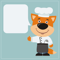 Chef fox with speech bubble in cartoon style. Smiling fox the chef says and shows like.