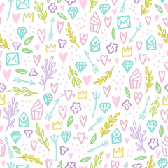 Cute doodle seamless pattern. Romantic, love. Vector background