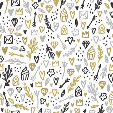 Romantic doodle background. Gold, silver, glitter. Vector hand drawn seamless pattern