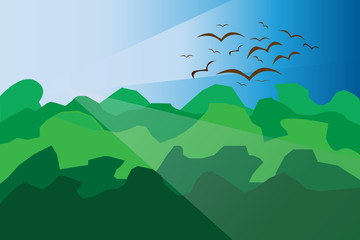 Fototapeta na wymiar mountains sun birds landscape. Vector illustration and EPS10. with copy space for add text