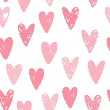 Cute pink hearts seamless pattern. Grunge texture. Vector illustration