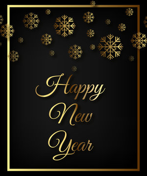 A beautiful Happy New Year gold banner or card design with snowflakes and golden frame. Black matte holiday poster in premium style