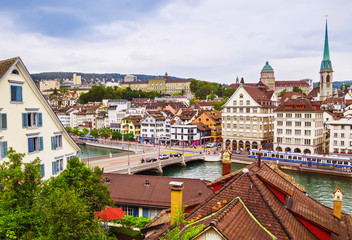 View of the historic city center of Zurich with with river Limmat, Canton of Zurich, Switzerland