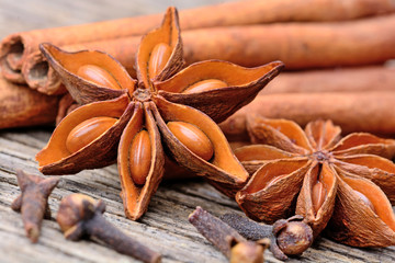 Different spices on wooden table