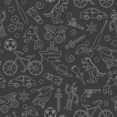 Seamless pattern on the theme of childhood and toys, toys for boys, light contour icons on dark background