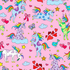 Seamless pattern with funny cartoon unicorns, hearts and stars color icons on pink background