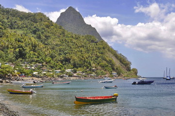 Fototapeta na wymiar Fishing Boats in Soufriere near Petit Piton, Saint Lucia