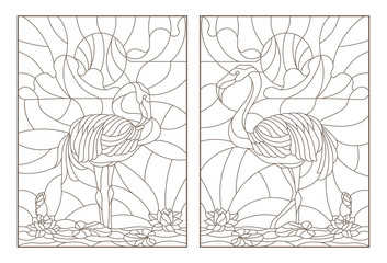 Set contour illustrations of stained glass with flamingos and lotuses on a pond on a background sky and sun