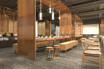 3d rendering loft and luxury hotel reception wood cafe lounge restaurant