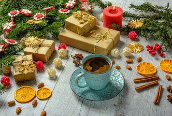 Christmas festive card with fir branches and festive decor