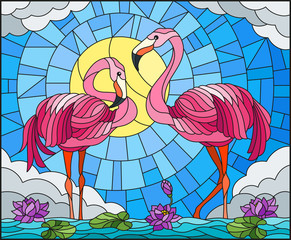 Naklejki  Ilustracja w stylu witrażu z parą flamingów, kwiatów lotosu i trzcin na stawie w słońcu, niebie i chmurach