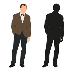 isolated silhouette man in a bow tie is standing