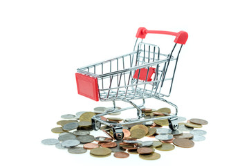 shopping cart with coins isolated