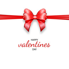 Happy Valentines Day greeting card. Realistic 3d red bow shape. Holiday vector illustration. Valentine's day sale gift box symbol. Satin ribbon love Valentine lettering text design web banner.