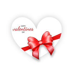 White heart shape realistic 3d gift box. Holiday vector illustration. Valentine's day symbol. Satin ribbon bow love Valentine lettering text design web banner. Happy Valentines Day greeting card.