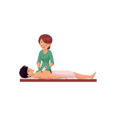 vector cartoon salon hair removal scene. Woman therapist in professional cosmetology beauty clinic removing hair from chest of young man by laser. Isolated illustration on a white background