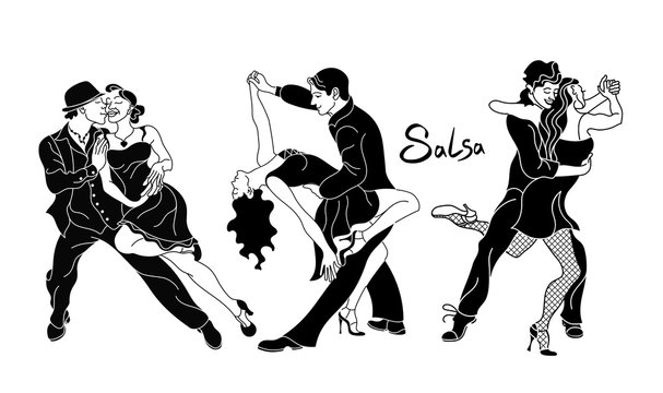 Salsa party poster. Set of elegant couple dancing salsa.Retro style. Black Silhouettes of people dancing salsa and musicians playing latin music.Cuba club. Couple dancing salsa