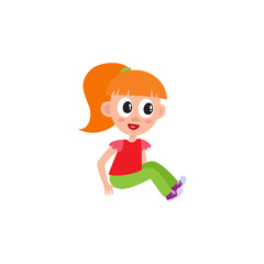 Little preschool, kindergarten girl with ponytail sitting on floor, listening, cartoon vector illustration isolated on white background. Little girl in t-shirt, pants and sneakers sitting on floor