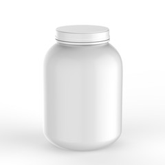 Protein or gainer powder container tub and jar ready for your design labels. 3d illustration.