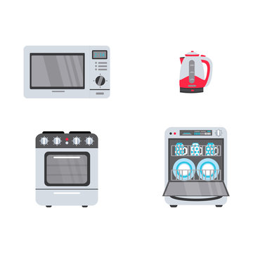 vector flat modern consumer electronics, home appliance icon set. Highly detailed gas stove, dishwasher machine, electric kettle or teapot and microwave oven. Isolated illustration on white backgroud