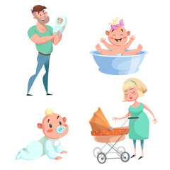 Cartoon trendy design mother and babies sticker icons set. Washing girl in basin and crawl baby, father holding newborn, mother with stroller.