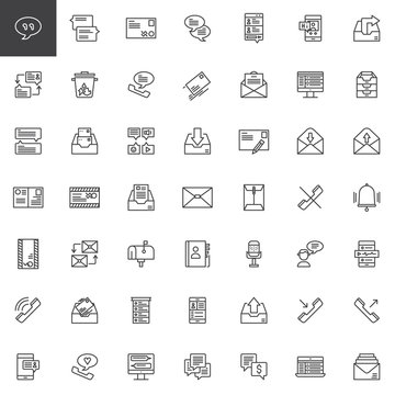 Contact and communication line icons set, outline vector symbol collection, linear style pictogram pack. Signs, logo illustration. Set includes icons as envelope, mailbox, contact book, chat, message
