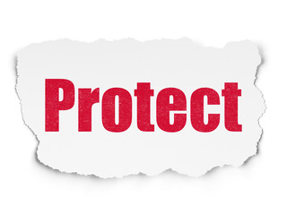 Obraz premium Privacy concept: Painted red text Protect on Torn Paper background with Scheme Of Hand Drawn Security Icons