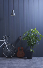 modern home dark blue wall and guitar music concept