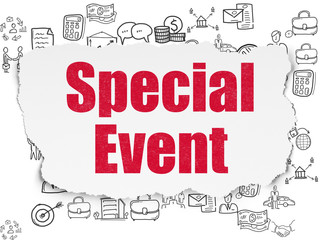 Finance concept: Painted red text Special Event on Torn Paper background with  Hand Drawn Business Icons