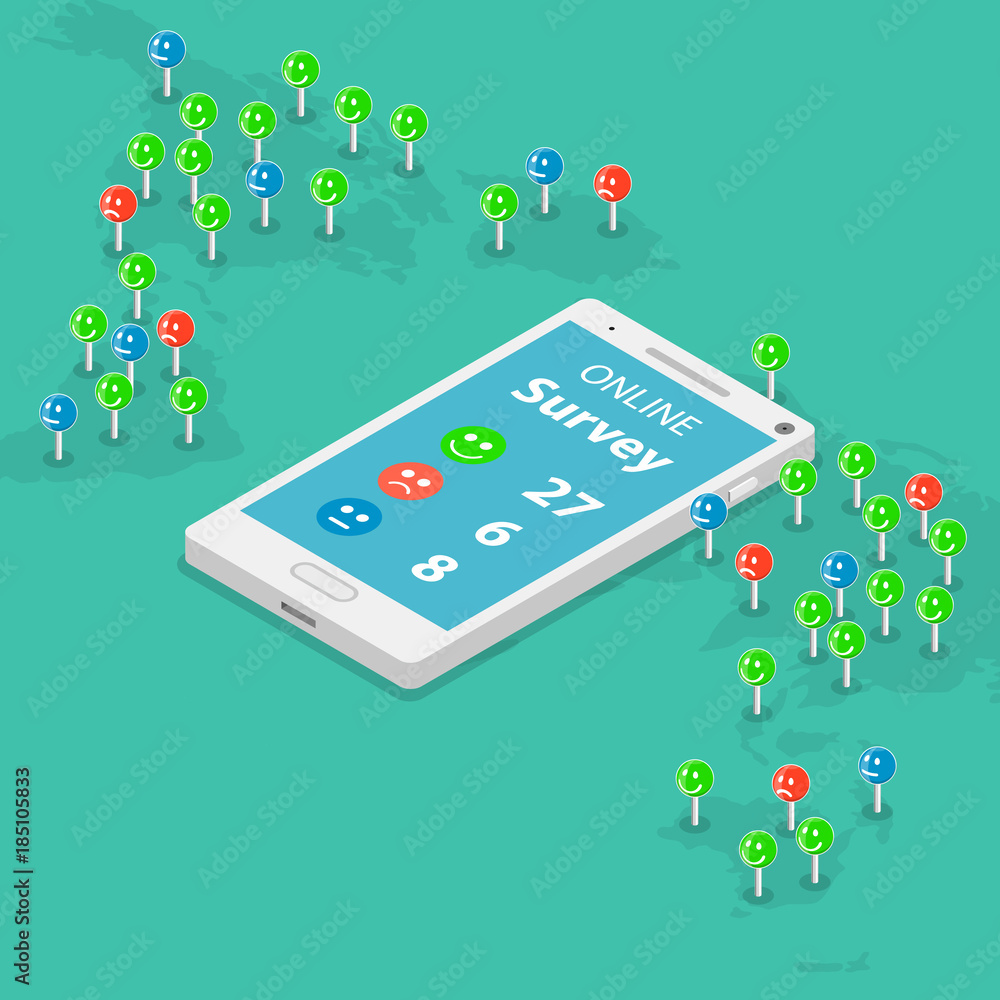 Poster online survey flat isometric vector concept. smartphone with a survey results are laying on the map 