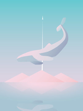 Fantasy sci-fi abstract vector background with whale flying above mountains and rocket flying to space.