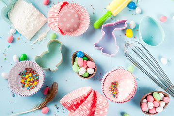 Sweet baking concept for Easter,  cooking background with baking - with a rolling pin, whisk for...