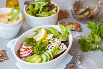 Green salad, buddha bowl with tofu, vegetables, hummus with flax crispbread.